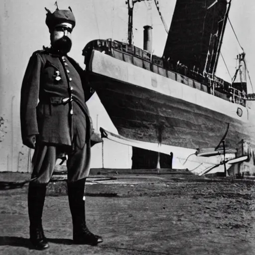 Image similar to a old man in officer suit of russian empire, gray hair and beard, standing near giant yellow dieselpunk ship