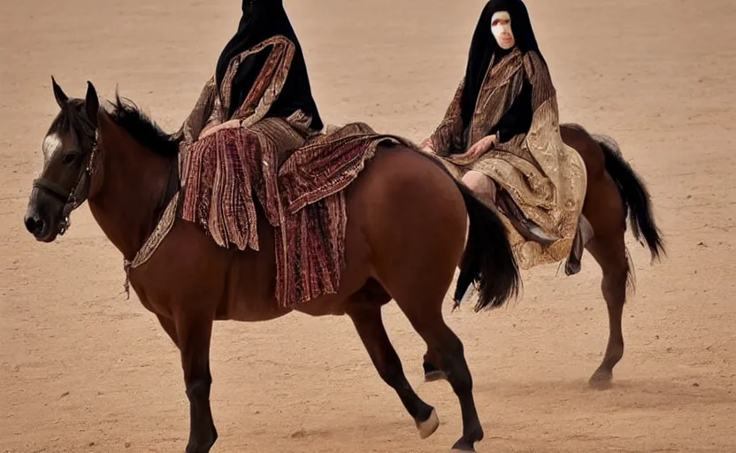 Image similar to beautiful burqa's woman, riding a horse!!! in saharan, sharp eyes, handling riffle on chest, shooting pose, perfect posture, dust, cinematic, dynamic pose, pinterest, center of interest