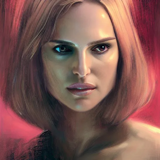 Image similar to a portrait of natalie portman as a replicant from blade runner, detailed, centered, digital painting, artstation, concept art, donato giancola, joseph christian leyendecker, wlop, boris vallejo, breathtaking, 8 k resolution, extremely detailed, beautiful, establishing shot, artistic, hyperrealistic, beautiful face, octane render