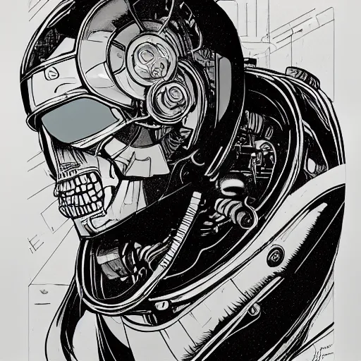 Image similar to !dream portrait of a dead cyberpunk space pirate in concept armor with golden cyborg skull in a futuristic prototype oxygen intake helmet by Abigail Larson + Alan Lee + Audrey Kawasaki + Giovanni-Piranesi + Winsor-McCay + Howard-Pyle, headshot, 8k vhs glitch, cinematic, sharp focus, smooth, sense of awe