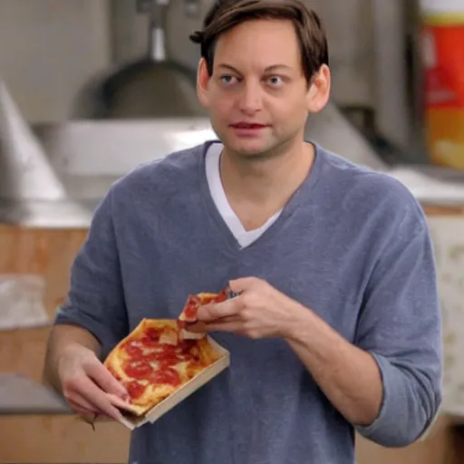 Prompt: tobey maguire eating all of the pizza, gross, disgusting, messy, annoyed, greasy, wet