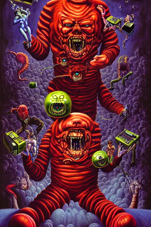 Image similar to a hyperrealistic painting of a grandiose boss fight against evil television, cinematic horror by jimmy alonzo, the art of skinner, chris cunningham, lisa frank, richard corben, highly detailed, vivid color,