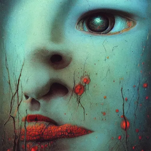 Image similar to beksinski, zdzislaw - her eyes wide, oil on canvas