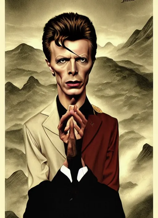 Image similar to twin peaks poster art, portrait of david bowie his suit is split half in black, by michael whelan, rossetti bouguereau, artgerm, retro, nostalgic, old fashioned