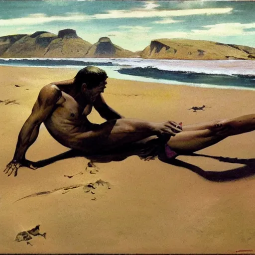 Image similar to a man laying on a Martian beach, frank frazetta