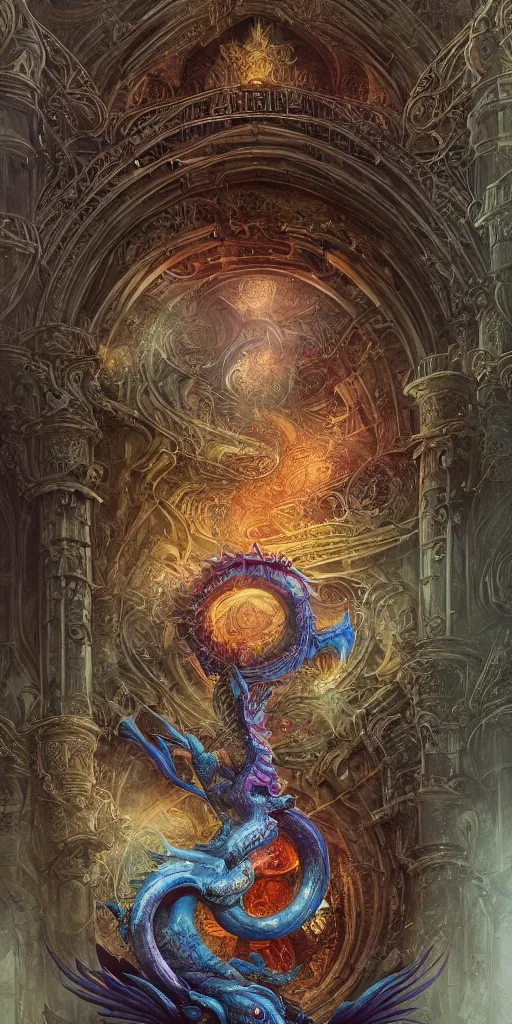 Image similar to enormous colorful Ouroboros floating around inside an ancient mage castle hall colossal scale, gothic and baroque, brutalist architecture, ultradetailed, intricate details by Ellen Jewett and Ayami Kojima