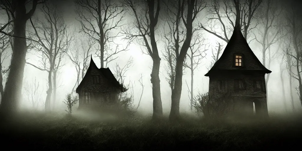 Image similar to fun strange darkness house, inspired by Tim Burton, (by Tim Burton) dark forest background dead tree, mist, fog, volumetric lighting