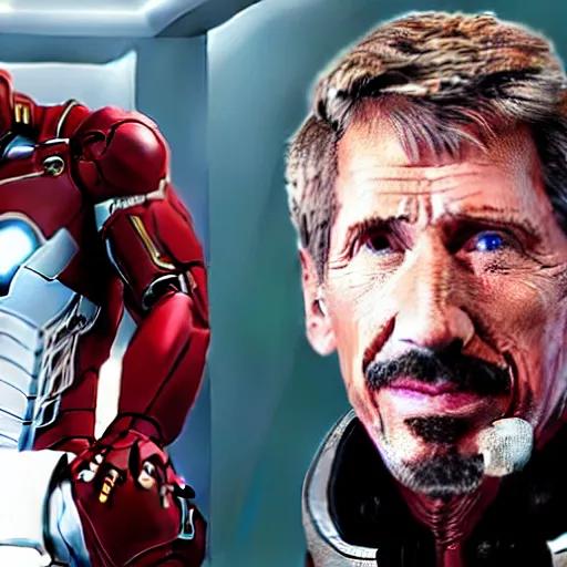 Prompt: John McAfee as IronMan, marvel studios, gray hair