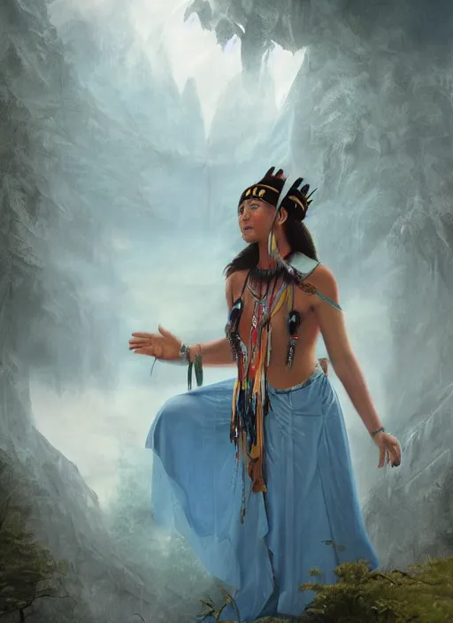 Prompt: surrender, letting go, indigenous woman relaxing, matte painting, fantasy art