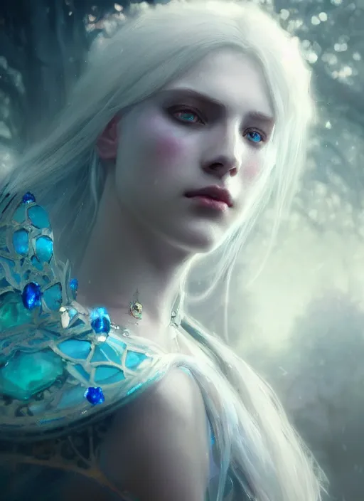 Image similar to a beatiful white haired princess with blue colored eyes, adorned with precious stone jewelry, intricate concept art, ethereal, ominous, misty, dramatic lighting, Octane Render, 8k, Ruan Jia and Jeremy Mann and Alphonse Mucha