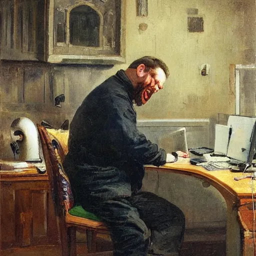 Image similar to an angry man yells at his computer monitor, oil on canvas, 1 8 8 3, highly detailed