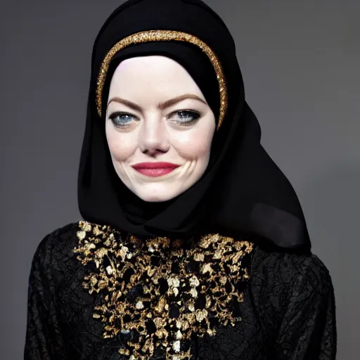 Image similar to A full body portrait of Emma Stone wearing Black Arabian Abaya, high quality, fully detailed, 4k, volumetric lightening