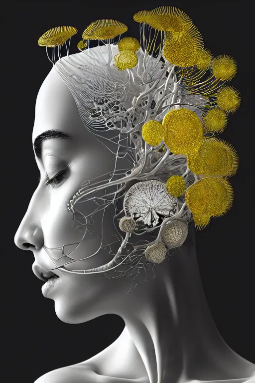 Image similar to intricate hyper detailed ultra sharp 3 d render of a beautiful porcelain biomechanical woman profile portrait, large pore fungi embroidered, rays of shimmering light, cyberpunk art nouveau, haute couture alexander mcqueen silver leaves stems dahlia transparent fractal dandelion yellow pistil filigree roots, octane render, volumetric cinematic lighting, 8 k post - production