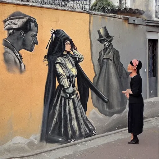 Image similar to This street art was painted in 1937 during the Guerra Civil Española. The woman in the street art is weeping. She is wearing a black dress and a black veil. Her face is distorted by grief. The street art is dark and somber. dutch golden age, Baroque by Marc Simonetti playful