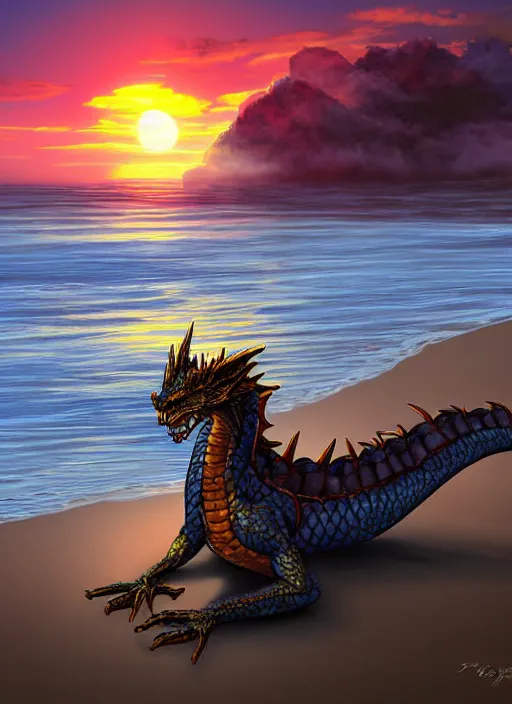 Prompt: a humanoid dragon sitting on the beach, sunrise. digital art