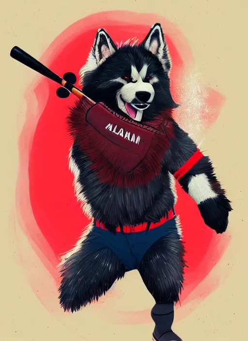 Image similar to commissioned full body portrait of a male anthro aslakan malamute with red fur playing baseball in a baseball stadium wearing a baseball uniform, by Kilian Eng, by Sandra Chevrier, trending on artstation