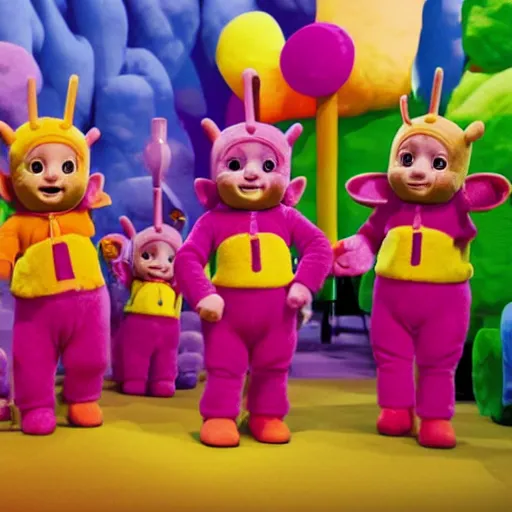 Prompt: teletubbies tearing up a store