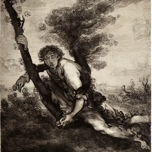 Prompt: by ron garney, by jean - antoine watteau precise screen printing. a land art of a man caught in a storm, buffeted by wind & rain. he clings to a tree for support, but the tree is bent by the force of the storm. he is soaking wet. his face is contorted with fear & effort.