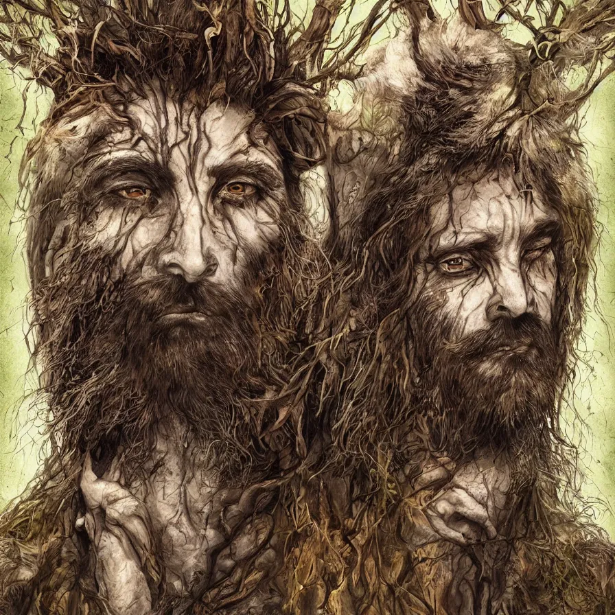 Prompt: Portrait of the Primeval Forest God, a young but wise bearded Western male druid deity with ten faces and blind white eyes, he presides over the wilderness and brings wisdom onto the world. His body is partially covered in tree bark. Headshot, insanely nice professional hair style, dramatic dark brown tribal hair, bright colourful halo around the head, digital painting, of a old 17th century, amber jewels, baroque, ornate clothing, tribalistic sci-fi, realistic, hyper-detailed, chiaroscuro, concept art, art by Franz Hals and Jon Foster and Ayami Kojima and Amano and Karol Bak,