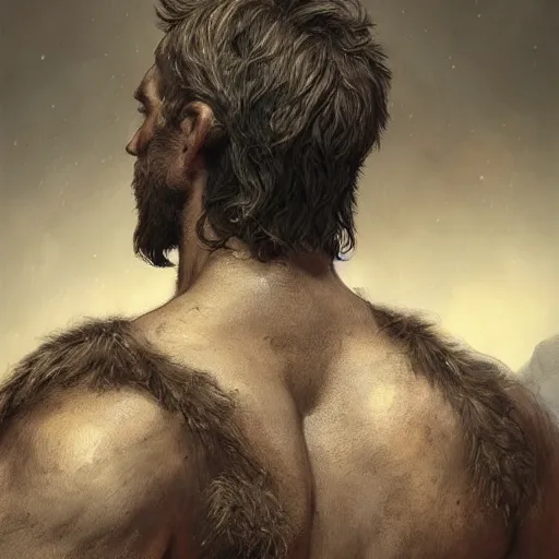 Prompt: back portrait of a rugged ranger, upper body, hairy, D&D, fantasy, intricate, elegant, highly detailed, digital painting, artstation, concept art, matte, sharp focus, illustration, art by Artgerm and Greg Rutkowski and Alphonse Mucha