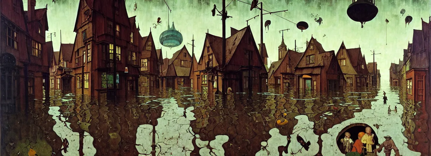 Image similar to flooded old wooden city street, very coherent and colorful high contrast masterpiece by norman rockwell franz sedlacek hieronymus bosch dean ellis simon stalenhag rene magritte gediminas pranckevicius, dark shadows, sunny day, hard lighting, reference sheet white background