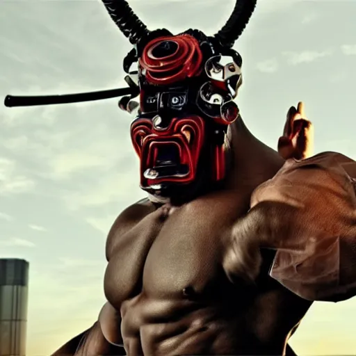 Prompt: big, fierce, muscular, very buff, very strong, cybernetic cyber sci-fi samurai wearing an oni mask. Movie still hd