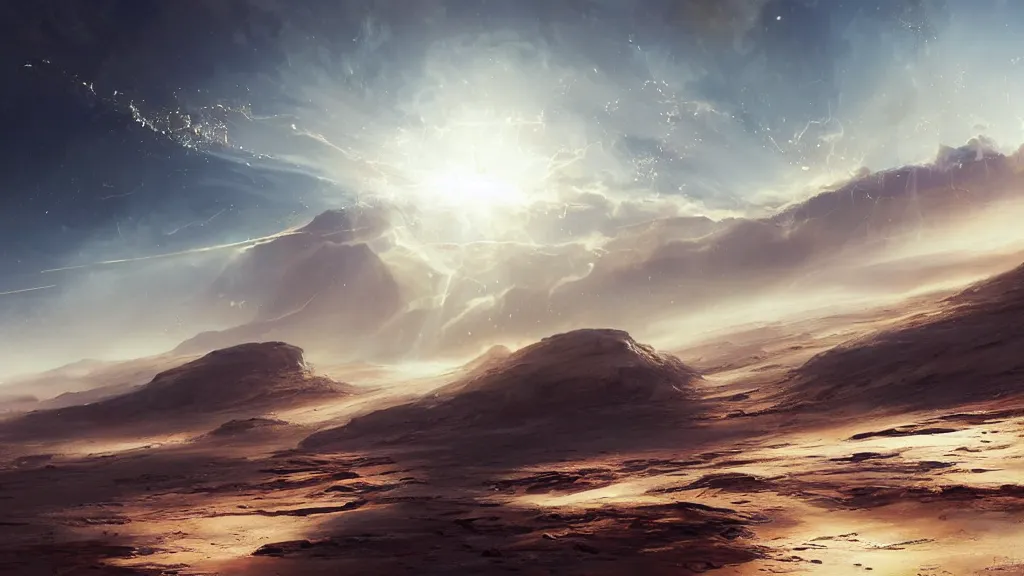 Prompt: The same drop of metal crashes into the ground at great speed, the desert, catastrophic, the sun's rays through the dust, a shock wave, birds and clouds in the sky, art by Jessica Rossier,