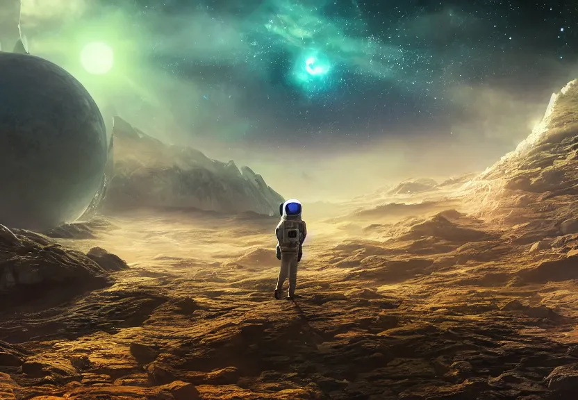 Image similar to a astronaut walking on a alien planet with alien plants and animals and a giant galaxy appearing in the sky, digital art, anime style, 8K HDR, octane render, unreal engine 5, path tracing, breathtaking landscape, cinematic lighting, trending on Artstation, high quality, highly detailed, trending on DeviantArt, concept art