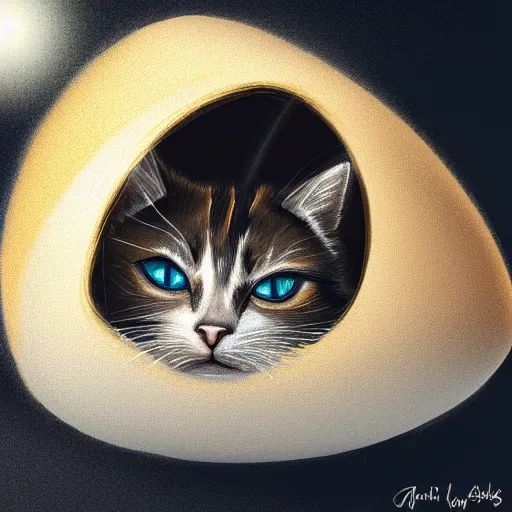 Image similar to A cat climbing out of an egg shell, digital art