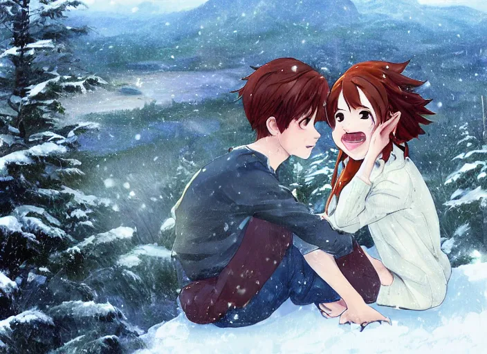 Image similar to a boy and a girl with long flowing auburn hair sitting together on the porch of a cabin on a mountain overlooking a snowy landscape. Atmospheric lighting, long shot, romantic, boy and girl are the focus, cold lighting, snowy. Anime. By Makoto Shinkai, Stanley Artgerm Lau, WLOP, Rossdraws, James Jean, Andrei Riabovitchev, Marc Simonetti, krenz cushart, Sakimichan, D&D trending on ArtStation, digital art.