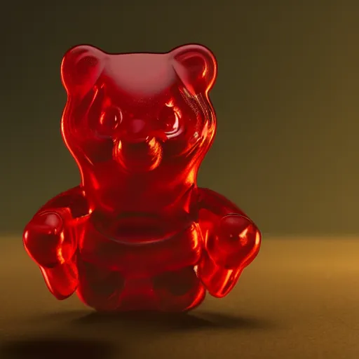 Prompt: gummy bear made from the sins of the father, dark, decrepit, war barren, red, lost, 4 k, octane render