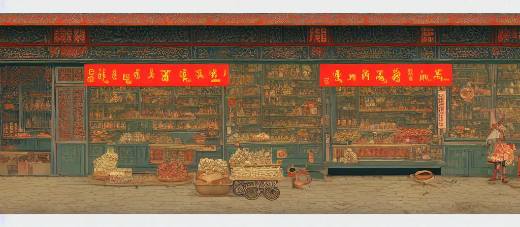 Image similar to a beautiful hyperdetailed render of roasted duck small shop, simple style, from china, with merchant logo, simple structure, surrealistic, chinese style, victo ngai, james jean, denoise, deblurring