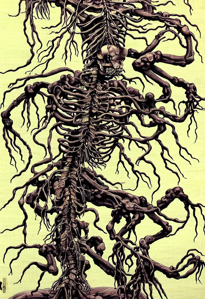 Prompt: prompt: anatomy dissection drawing skeleton Bonsai tree squid creature roots merging into big moon drawn by Takato Yamamoto, bonsai skeleton anatomy atlas, veins and organs attached to tree roots, alchemical objects inspired by 1980's sci-ci, intricate oil painting detail, manga 1980