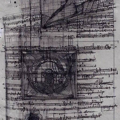 Image similar to leonardo da vinci intricate full page scan blueprint of concept art dark new music instrument on grey paper sketch ink style with music sheet backgroud