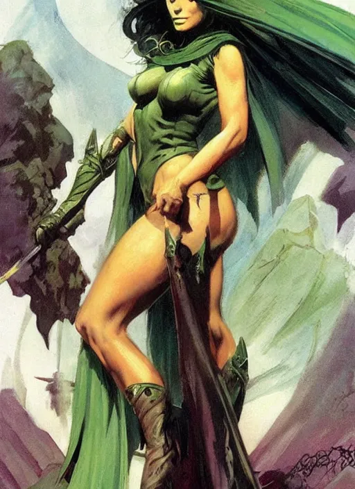 Prompt: mighty plump female sorceress, green tiara, lightning strike, strong line, muted color, beautiful! coherent! by frank frazetta, by brom