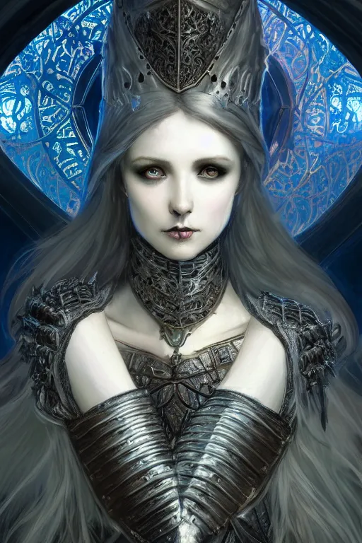 Image similar to beautiful luxury and gothic and victorian and evil medieval female blue & white color armor knight portrait+smoky eyes+light flowing hair, in ruin gothic cathedral, ultradetail face, art and illustration by tian zi and craig mullins and WLOP and alphonse mucha, fantasy, intricate complexity, human structure, fantasy world concept, watermark, blurry, hyperrealism 8k