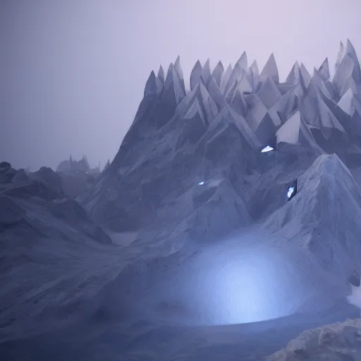 Prompt: ice mountains and meteor in the background foggy award winning, trending on artstation, unreal engine