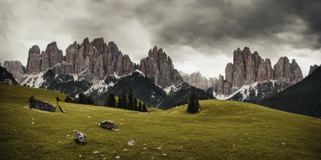 Prompt: dolomites, pastures, alps, alp, star rain, dark, eerie, despair, portrait photography, artstation, highly detailed, sharp focus, by cronneberg