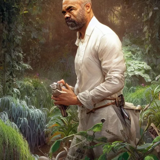 Prompt: full figure ultra realistic illustration, jeffrey wright in garden of eden, simulation, intricate, elegant, highly detailed, digital painting, artstation, concept art, smooth, sharp focus, illustration, art by artgerm and greg rutkowski and alphonse mucha