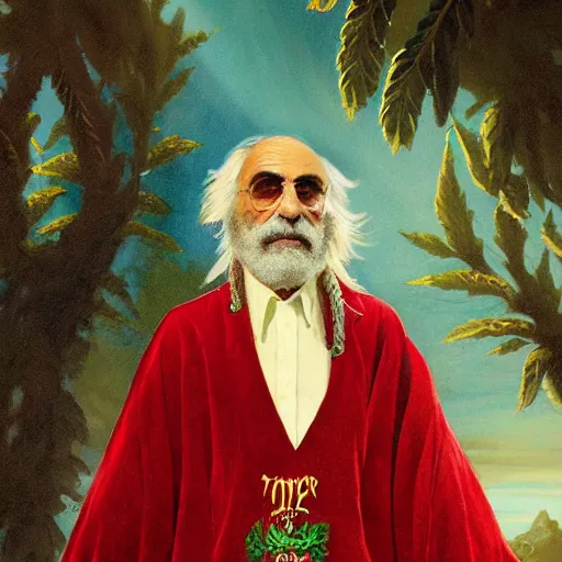 Prompt: stoner King Tommy Chong wears a doublet whilst wearing a red velvet cape and OG Kush Sativa flower calyx trichome crown edward julius detmold jehan choo jeff simpson arkhip kuindzhi raphael lacoste guillem h. pongiluppi grisaille