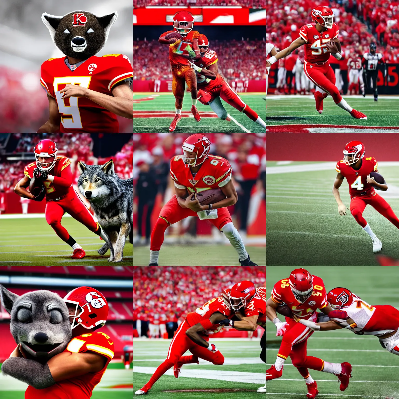 Prompt: a closeup photorealistic photograph of Patrick Mahomes tackling the KC Wolf mascot at Arrowhead Stadium. This 4K HD image is Trending on Artstation, featured on Behance, well-rendered, extra crisp, features intricate detail and the style of Unreal Engine.