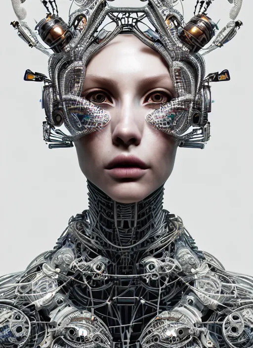 Image similar to portrait of an absurdly beautiful, graceful, sophisticated, fashionable cyberpunk mechanoid, hyperdetailed illustration by irakli nadar and vania zouravliov, matt wisniewski style, intricate linework, white porcelain skin, faberge, tropical fish headdress, unreal engine 5 highly rendered, global illumination, radiant light, detailed and intricate environment