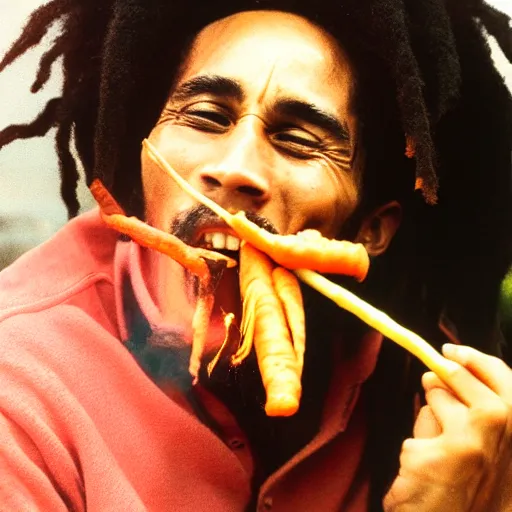 Prompt: bob marley smoking a carrot, professional photo