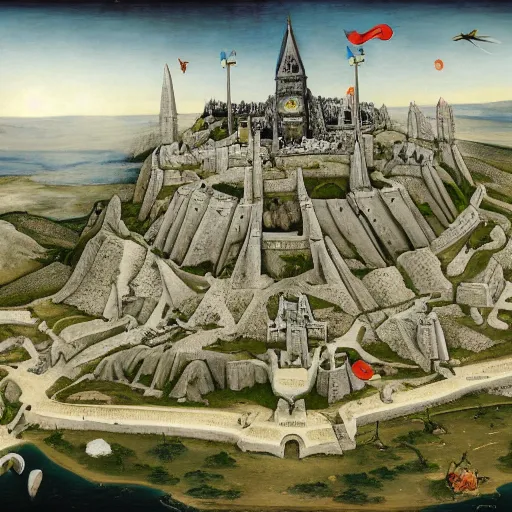 Image similar to Minas Tirith by Bruege and Hokusail, masterpiece