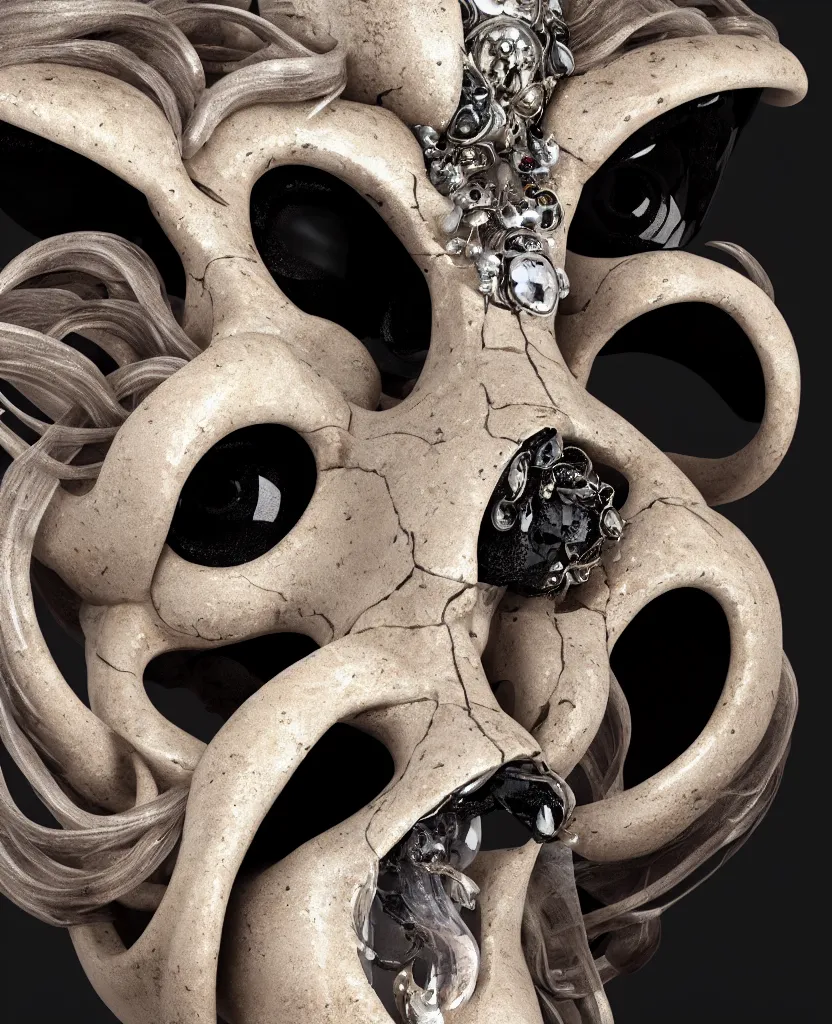 Image similar to goddess princess face close-up portrait ram skull. sculpture made of black stone with elements made of polished gold. jellyfish phoenix head, nautilus, orchid, skull, betta fish, bioluminiscent creatures, intricate artwork by Tooth Wu and wlop and beeple. octane render, trending on artstation, greg rutkowski very coherent symmetrical artwork. cinematic, hyper realism, high detail, octane render, 8k