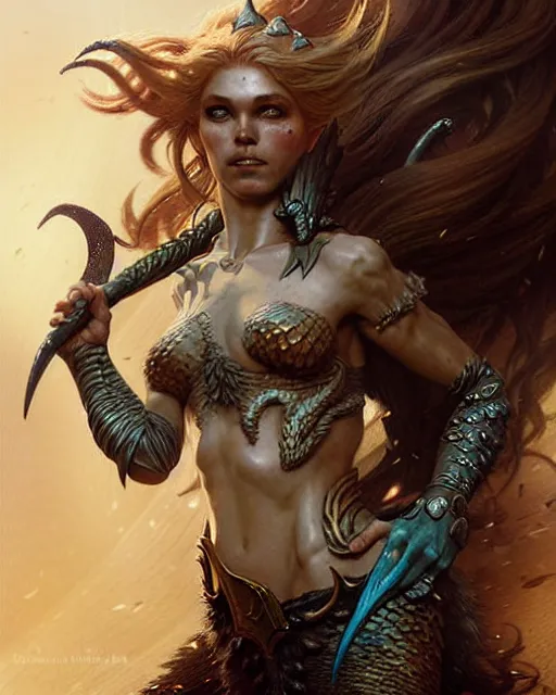 Image similar to a fierce mermaid warrior, fantasy character portrait, ultra realistic, concept art, intricate details, highly detailed by greg rutkowski, gaston bussiere, craig mullins, simon bisley