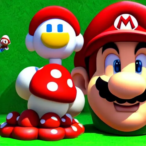 Image similar to hyper-realistic super mario character with realistic mushrooms, goombas and toad. and a realistic yoshi.