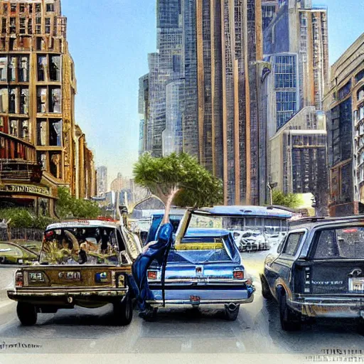 Image similar to tiranasaur tirex in modern city, hyperrealistic, style of james gurney