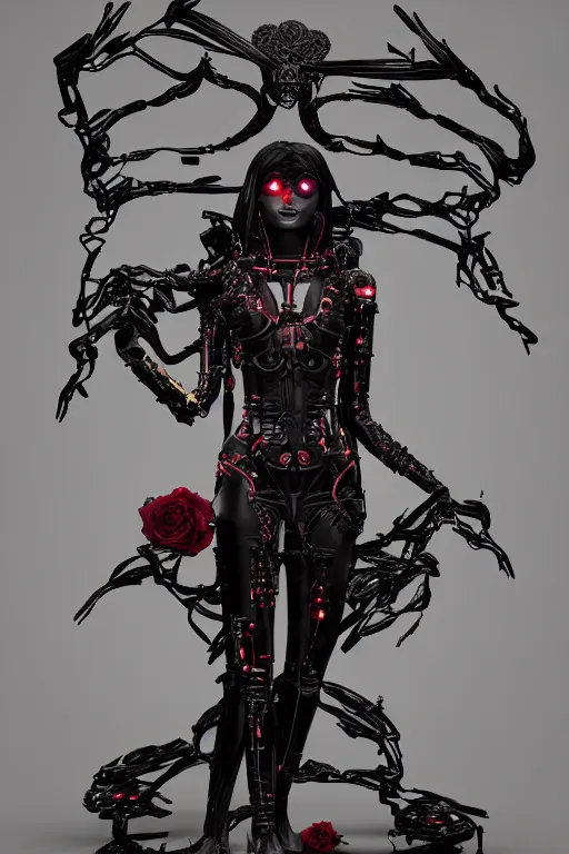 Image similar to full-body cyberpunk style sculpture of a young beautiful dark priestess, half android with a head opening exposing circuitry, glowing red eyes, black roses, flowing blood red colored silk, fabric, candles. baroque elements, human skull. full-length view. baroque element. intricate artwork by caravaggio, crows flying in background. Trending on artstation, octane render, cinematic lighting from the right, hyper realism, octane render, 8k, depth of field, 3D