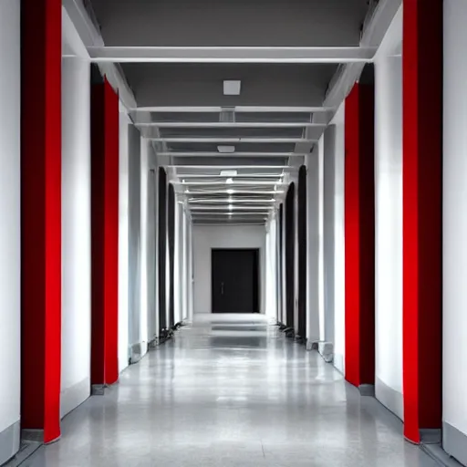 Image similar to a very long featureless white hallway with a single red door at the end, liminal space,